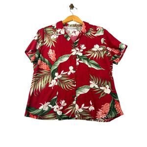Restort Cocktail Hawaiian Floral Button Up Red Tropical Short Sleeve Medium